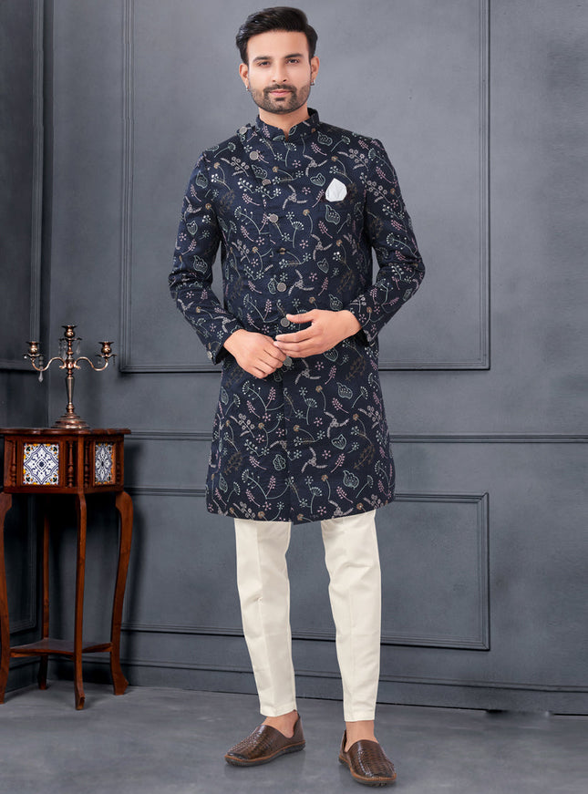 Midnight Blue Pure Silk Embroidered Mens IndoWestern