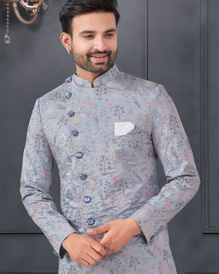 Dove Grey Pure Silk Embroidered Mens IndoWestern