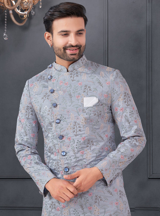 Dove Grey Pure Silk Embroidered Mens IndoWestern