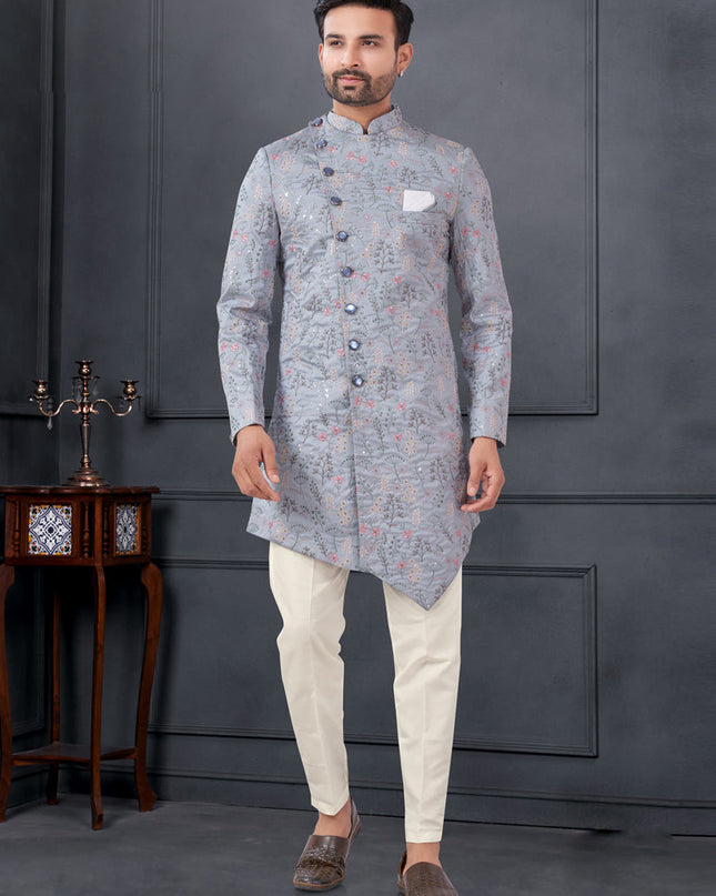 Dove Grey Pure Silk Embroidered Mens IndoWestern