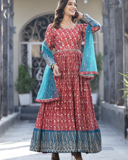 Maroon Satin Georgette Embroidered Readymade Long Anarkali Gown