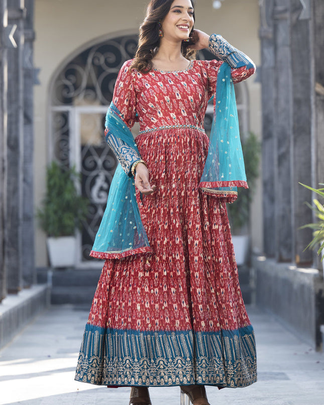 Maroon Satin Georgette Embroidered Readymade Long Anarkali Gown