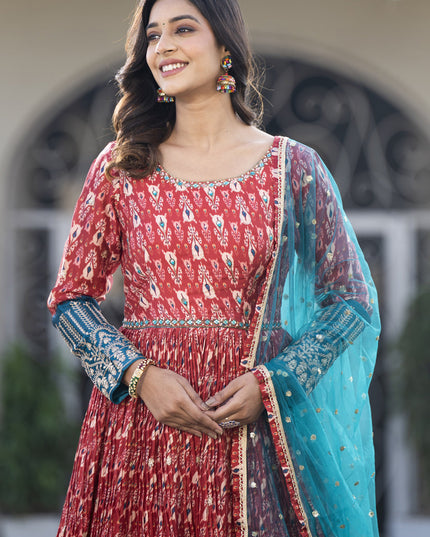 Maroon Satin Georgette Embroidered Readymade Long Anarkali Gown