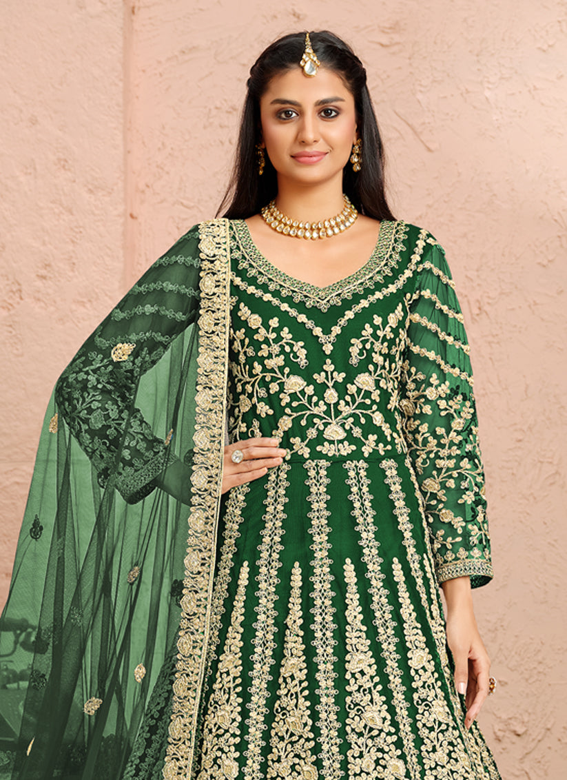 Impeccable Green Net Heavy Embroidered Anarkali Suit