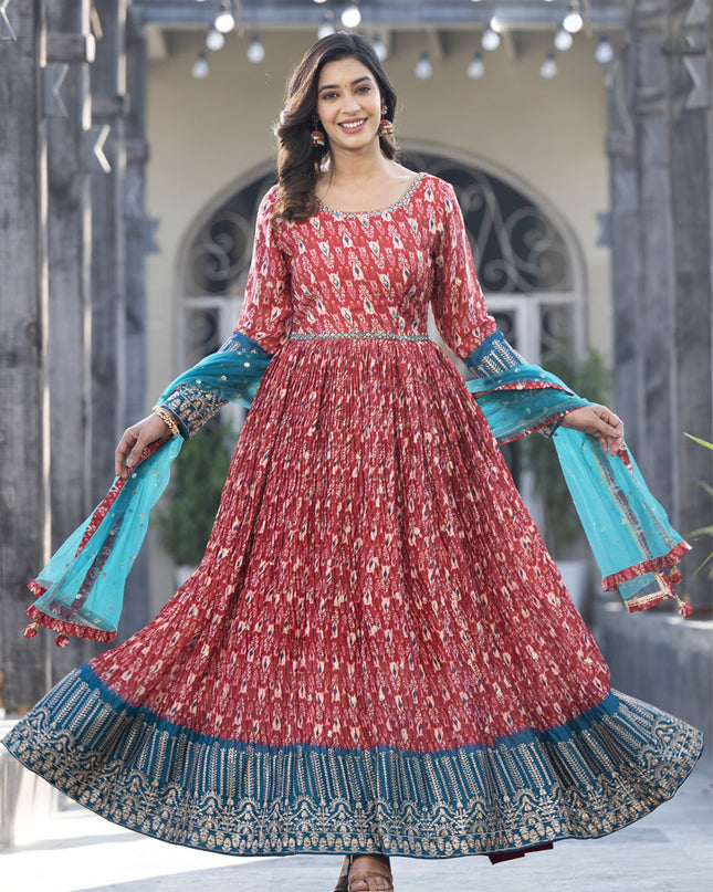 Maroon Satin Georgette Embroidered Readymade Long Anarkali Gown