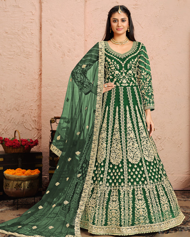 Impeccable Green Net Heavy Embroidered Anarkali Suit
