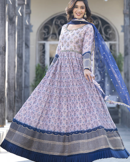 Lavender Satin Georgette Embroidered Readymade Anarkali Gown