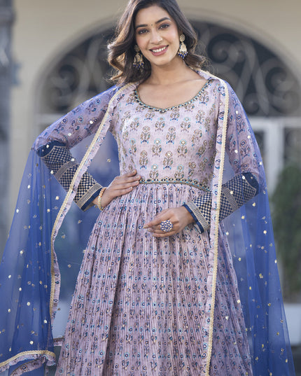Lavender Satin Georgette Embroidered Readymade Anarkali Gown