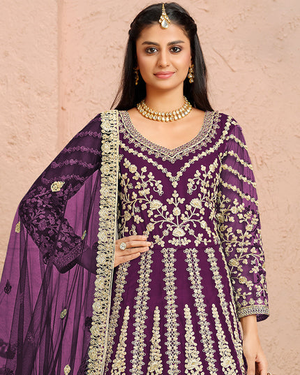 Delightful Purple Net Heavy Embroidered Anarkali Suit