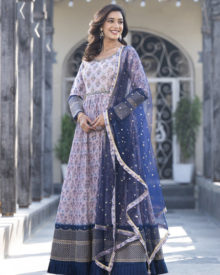 Lavender Satin Georgette Embroidered Readymade Anarkali Gown