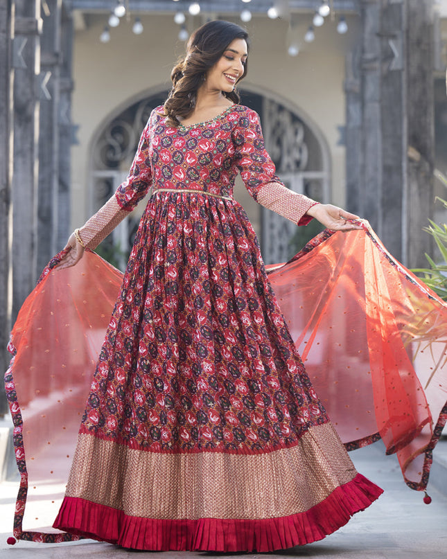 Red Satin Georgette Embroidered Readymade Long Anarkali Gown