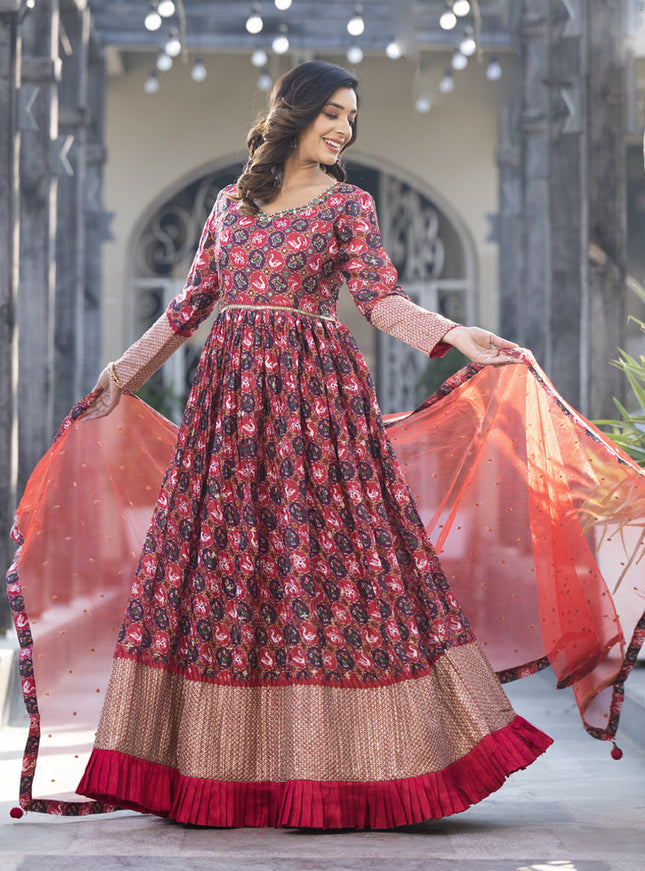 Red Satin Georgette Embroidered Readymade Long Anarkali Gown