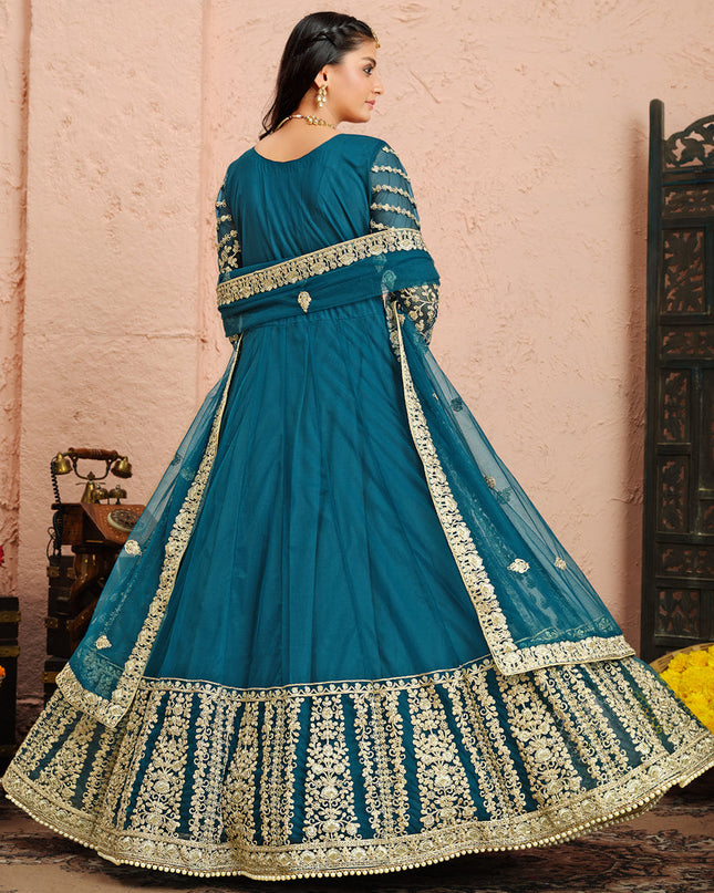 Stunning Teal Blue Net Heavy Embroidered Anarkali Suit