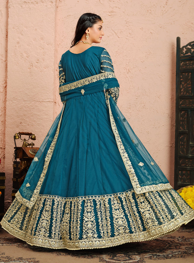 Stunning Teal Blue Net Heavy Embroidered Anarkali Suit