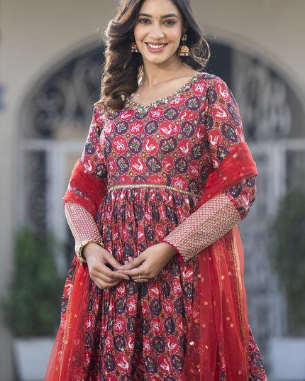 Red Satin Georgette Embroidered Readymade Long Anarkali Gown