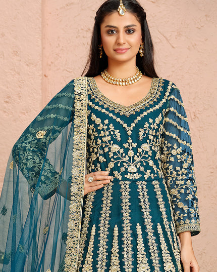 Stunning Teal Blue Net Heavy Embroidered Anarkali Suit