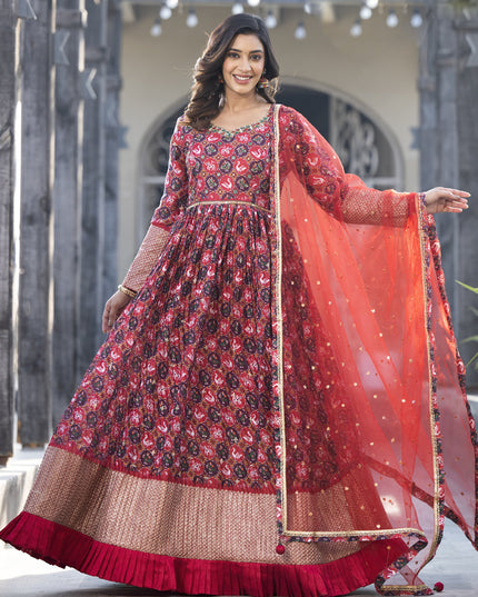 Red Satin Georgette Embroidered Readymade Long Anarkali Gown