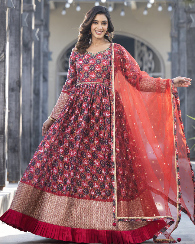 Red Satin Georgette Embroidered Readymade Long Anarkali Gown