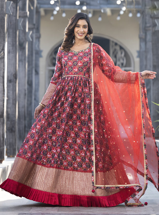Red Satin Georgette Embroidered Readymade Long Anarkali Gown