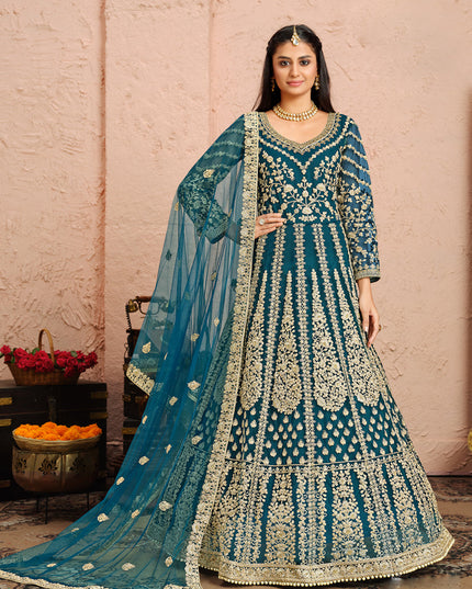 Stunning Teal Blue Net Heavy Embroidered Anarkali Suit