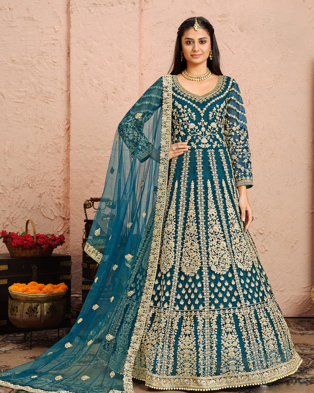 Stunning Teal Blue Net Heavy Embroidered Anarkali Suit