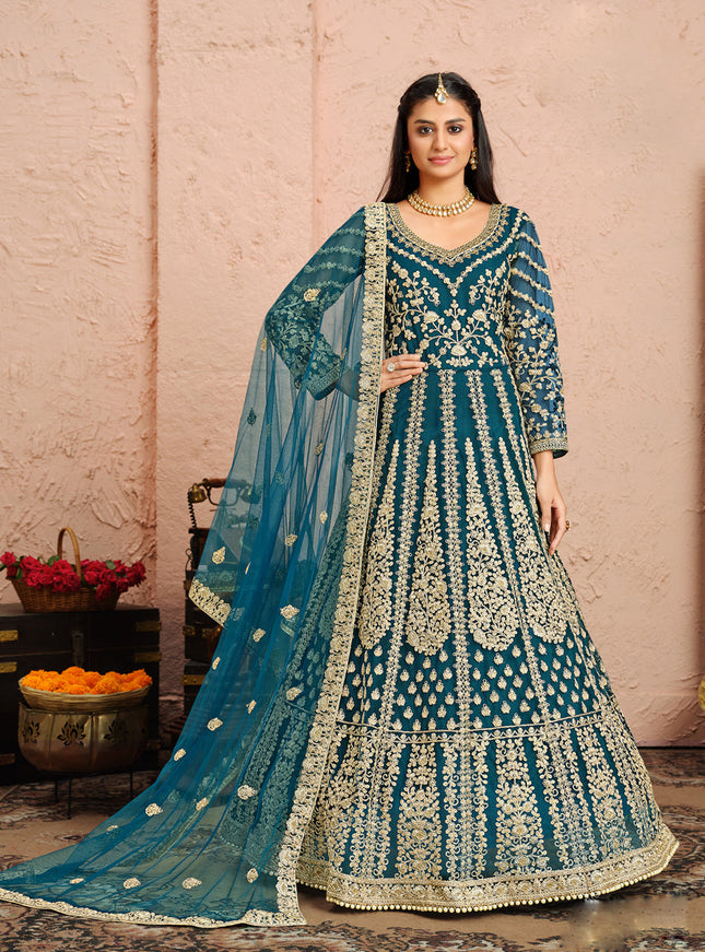 Stunning Teal Blue Net Heavy Embroidered Anarkali Suit