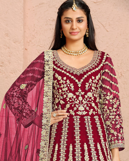 Bewitching Maroon Net Heavy Embroidered Anarkali Suit