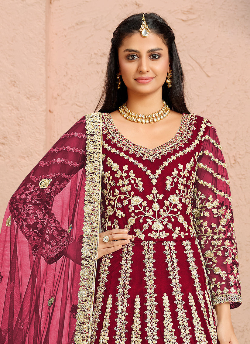 Bewitching Maroon Net Heavy Embroidered Anarkali Suit