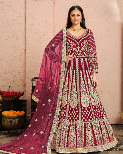 Bewitching Maroon Net Heavy Embroidered Anarkali Suit