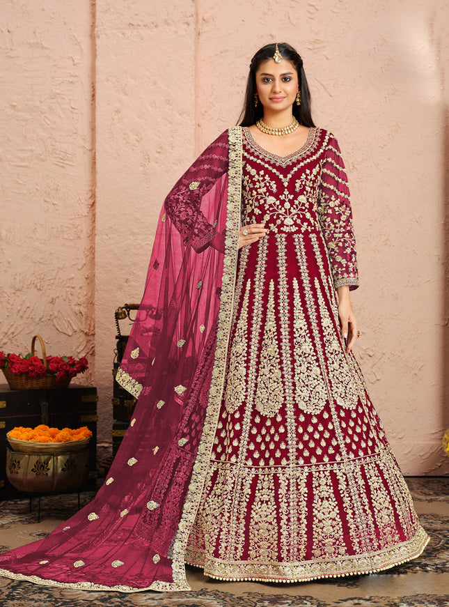 Bewitching Maroon Net Heavy Embroidered Anarkali Suit