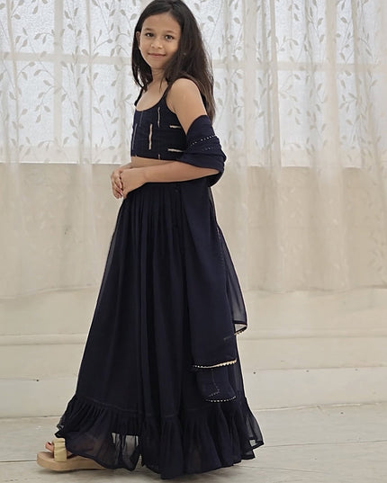 Midnight Blue Faux Georgette Kids Lehenga Choli