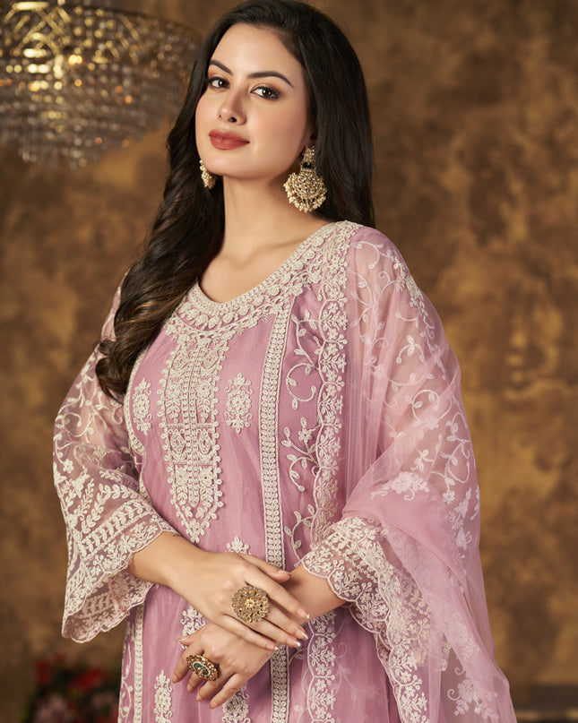 Carnation Pink Net Embroidered Palazzo Kameez