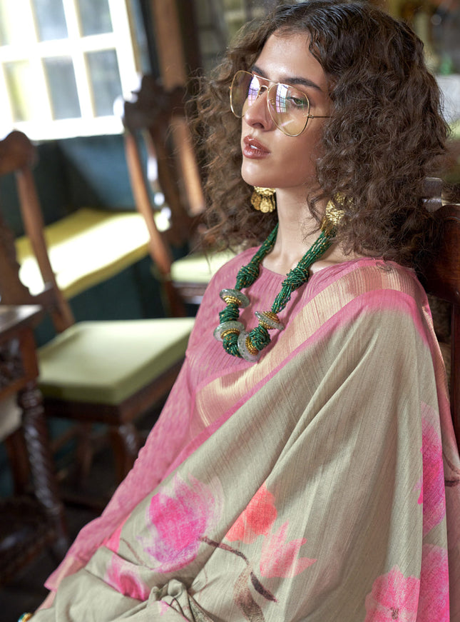 Beige Soft Banarasi Woven Saree For Festival