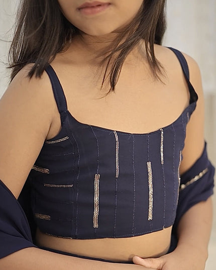 Midnight Blue Faux Georgette Kids Lehenga Choli