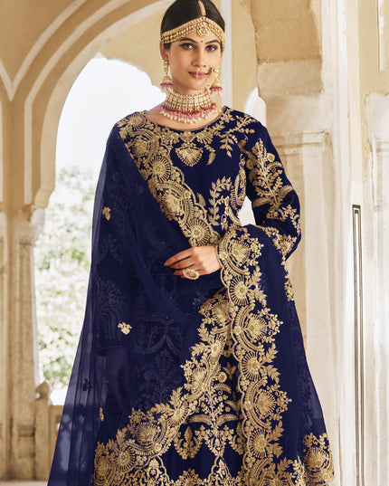 Navy Blue Heavy Velvet Bridal Lehenga Choli Set