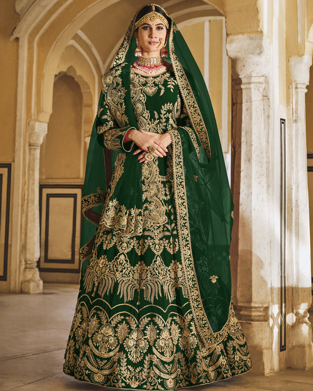 Green Heavy Velvet Bridal Lehenga Choli Set
