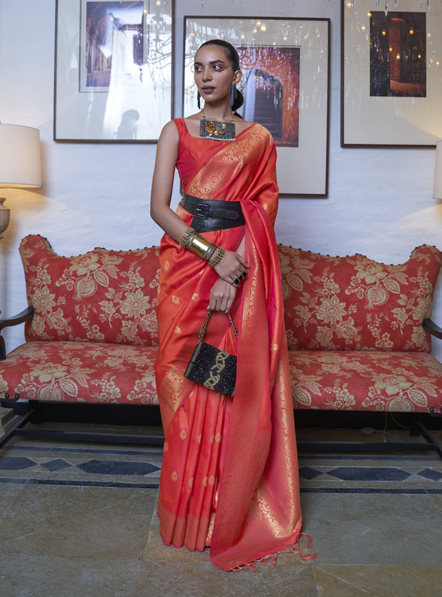 Coral Handloom Silk Weaving Saree