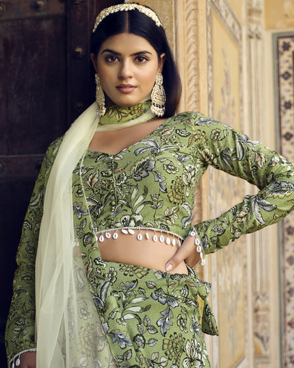 Olive Green Crushed Silk Designer Lehenga Choli Set