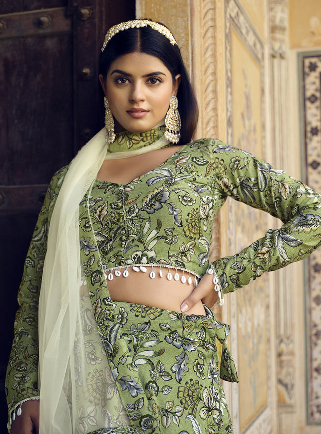 Olive Green Crushed Silk Designer Lehenga Choli Set