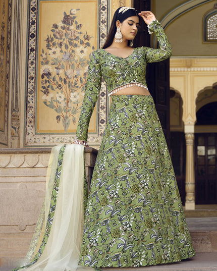 Olive Green Crushed Silk Designer Lehenga Choli Set