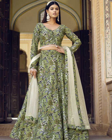Olive Green Crushed Silk Designer Lehenga Choli Set