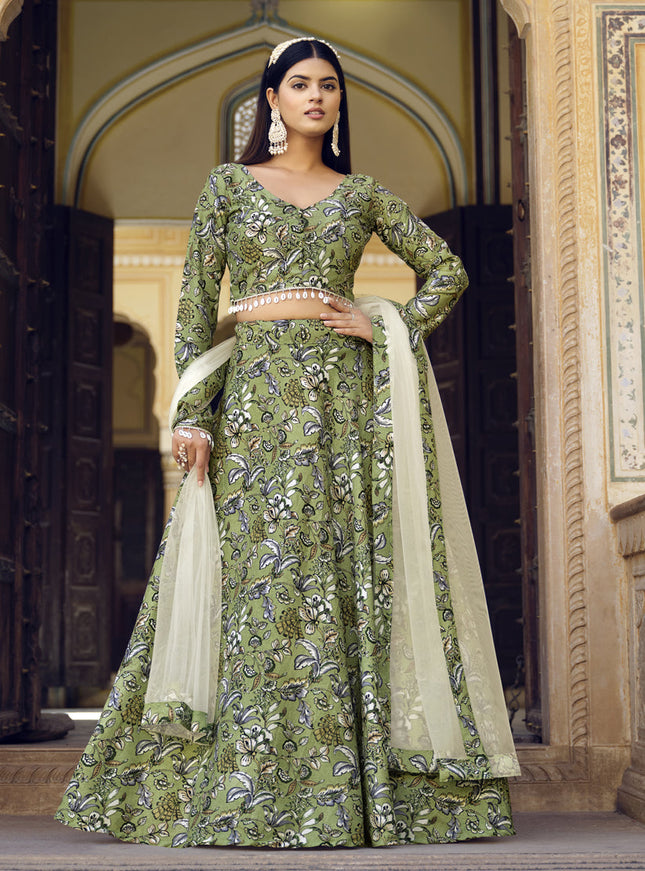 Olive Green Crushed Silk Designer Lehenga Choli Set
