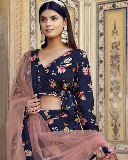 Navy Blue Crushed Silk Designer Lehenga Choli Set