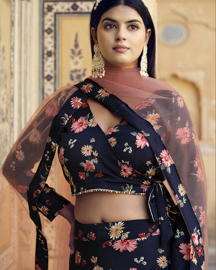 Navy Blue Crushed Silk Designer Lehenga Choli Set