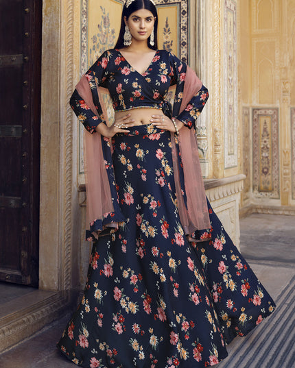 Navy Blue Crushed Silk Designer Lehenga Choli Set