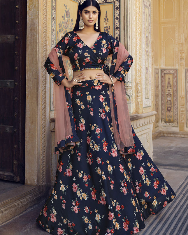 Navy Blue Crushed Silk Designer Lehenga Choli Set