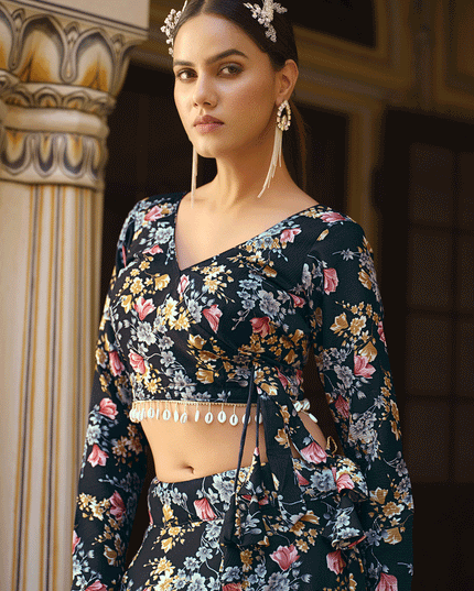 Black Silk Floral Printed Lehenga Choli