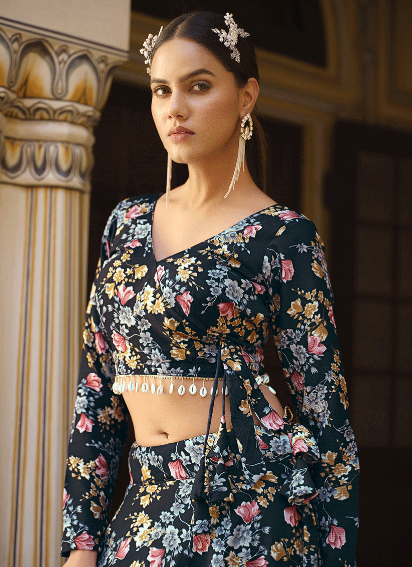Black Silk Floral Printed Lehenga Choli