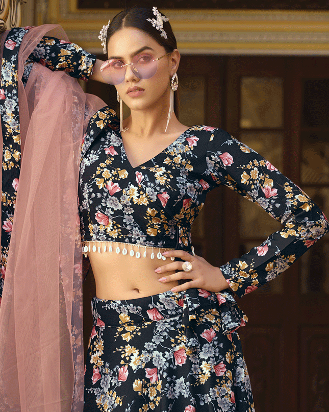 Black Silk Floral Printed Lehenga Choli