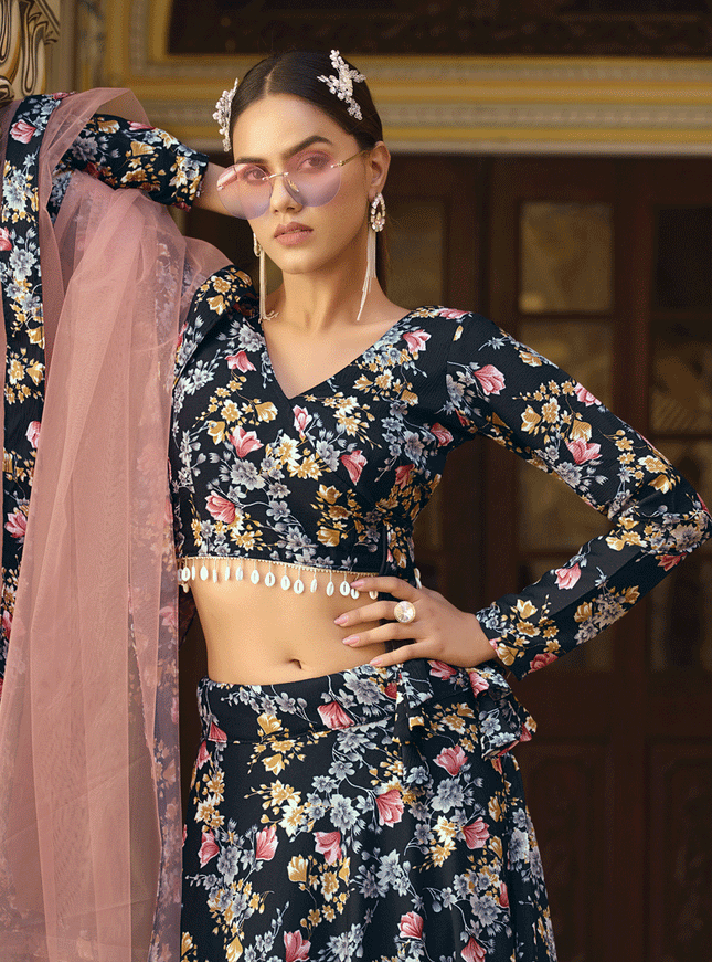 Black Silk Floral Printed Lehenga Choli